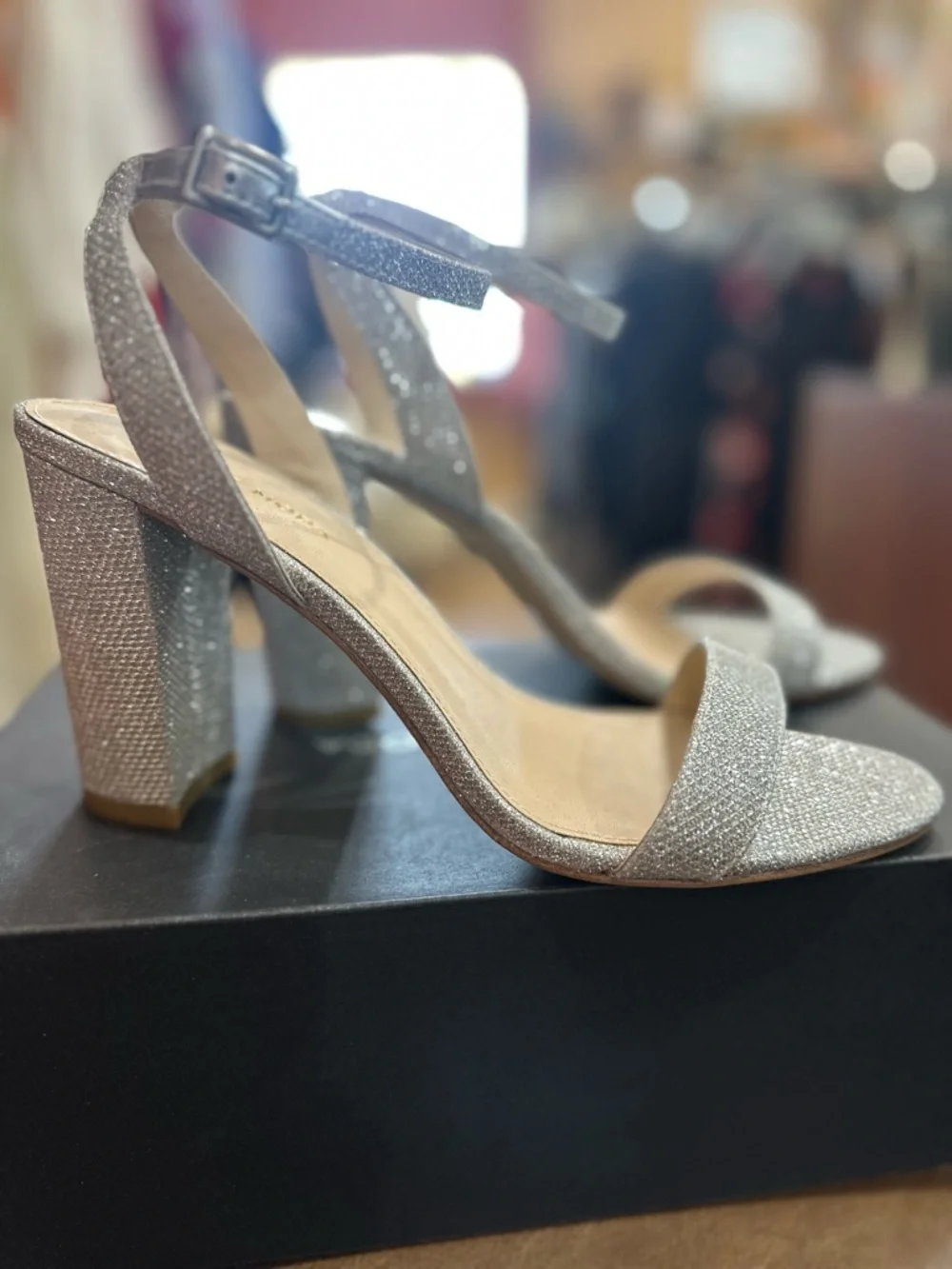 Pelle Moda Silver Glitter Block Heel Sandals with Ankle Strap - Picture 3 of 7